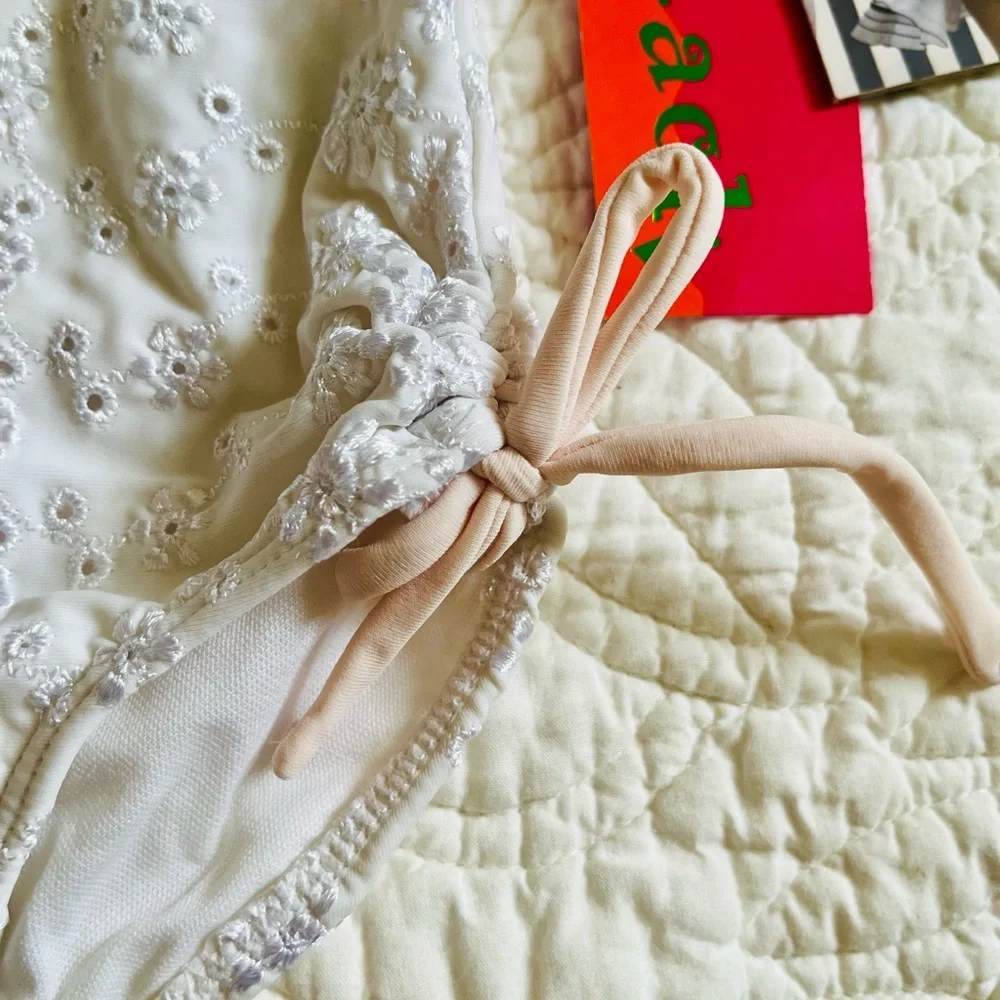 NWT Kate Mack Biscotti White Eyelet One-Piece Swimsuit with Pink Trim